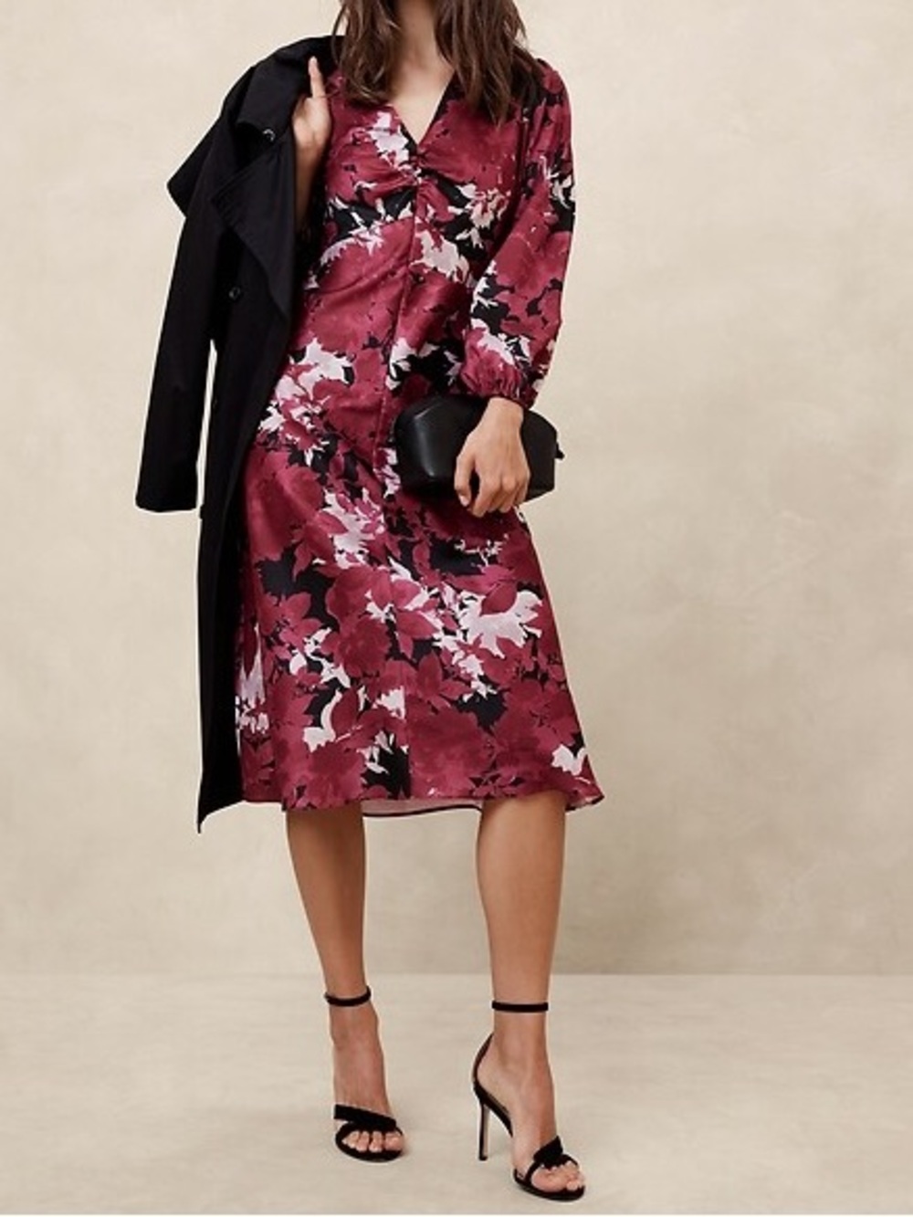 Banana Republic Red Floral Long-Sleeve Midi Jumpsuit